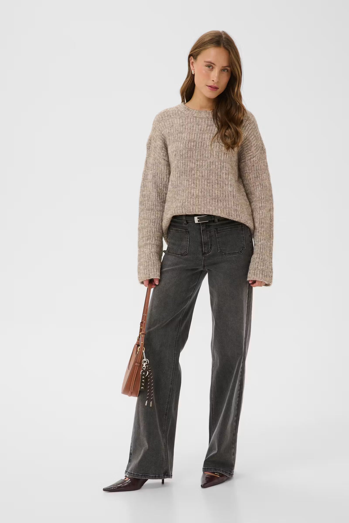 Kikki peysa frá Kaffe - Desert Taupe Melange / Brown