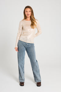 Midde  gallabuxur frá Freequent  -  Medium Blue Denim w. Off-white